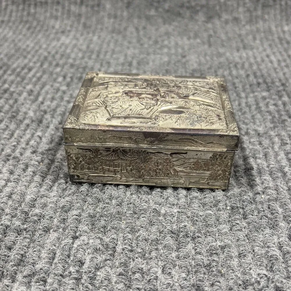Vintage Trinket Vanity Box Wooden Lined Inside Silvertone Detailed 4x3 Japan‎